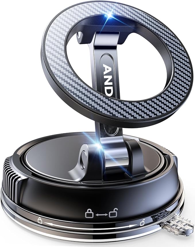 ANDERY carbon-fiber-look magnetic car mount with folding arm and twist-lock suction base