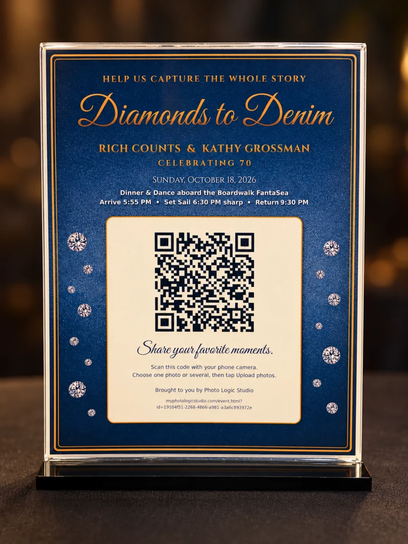 Professionally retouched photograph of the printed Diamonds to Denim event sign with its verified QR code