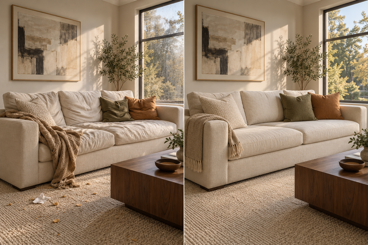 Illustrative comparison of the same living room with rumpled pillows and carpet litter, then straightened pillows and a clean carpet