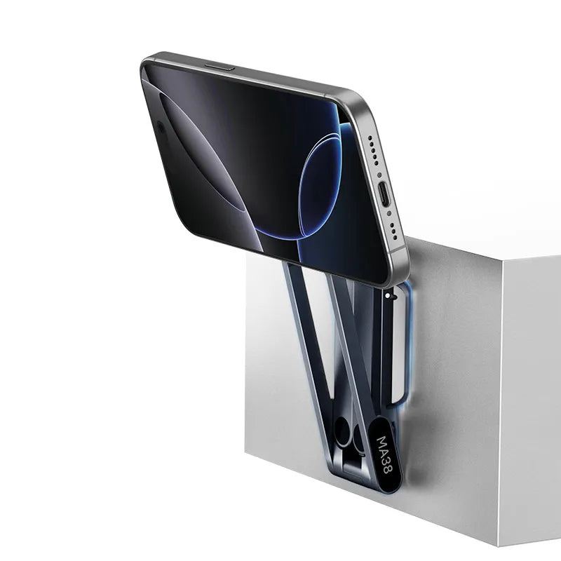 Close view of the MA38 supporting a phone against an edge